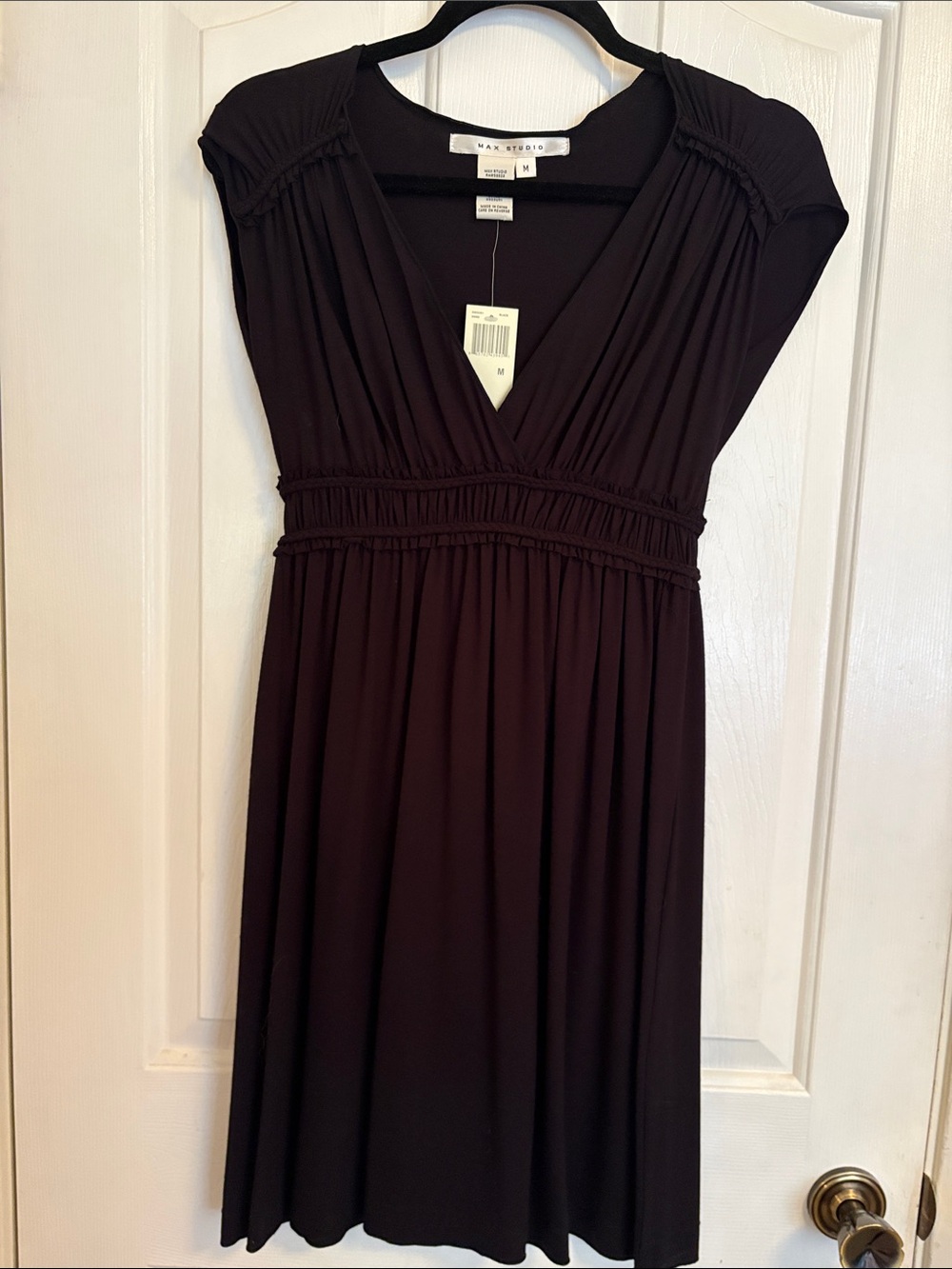 Max Studio Black V-Neck Gathered-Waist Midi Dress